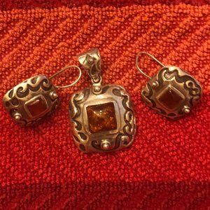 SILPADA Sterling Silver Amber Square Slide Pendant & Earrings